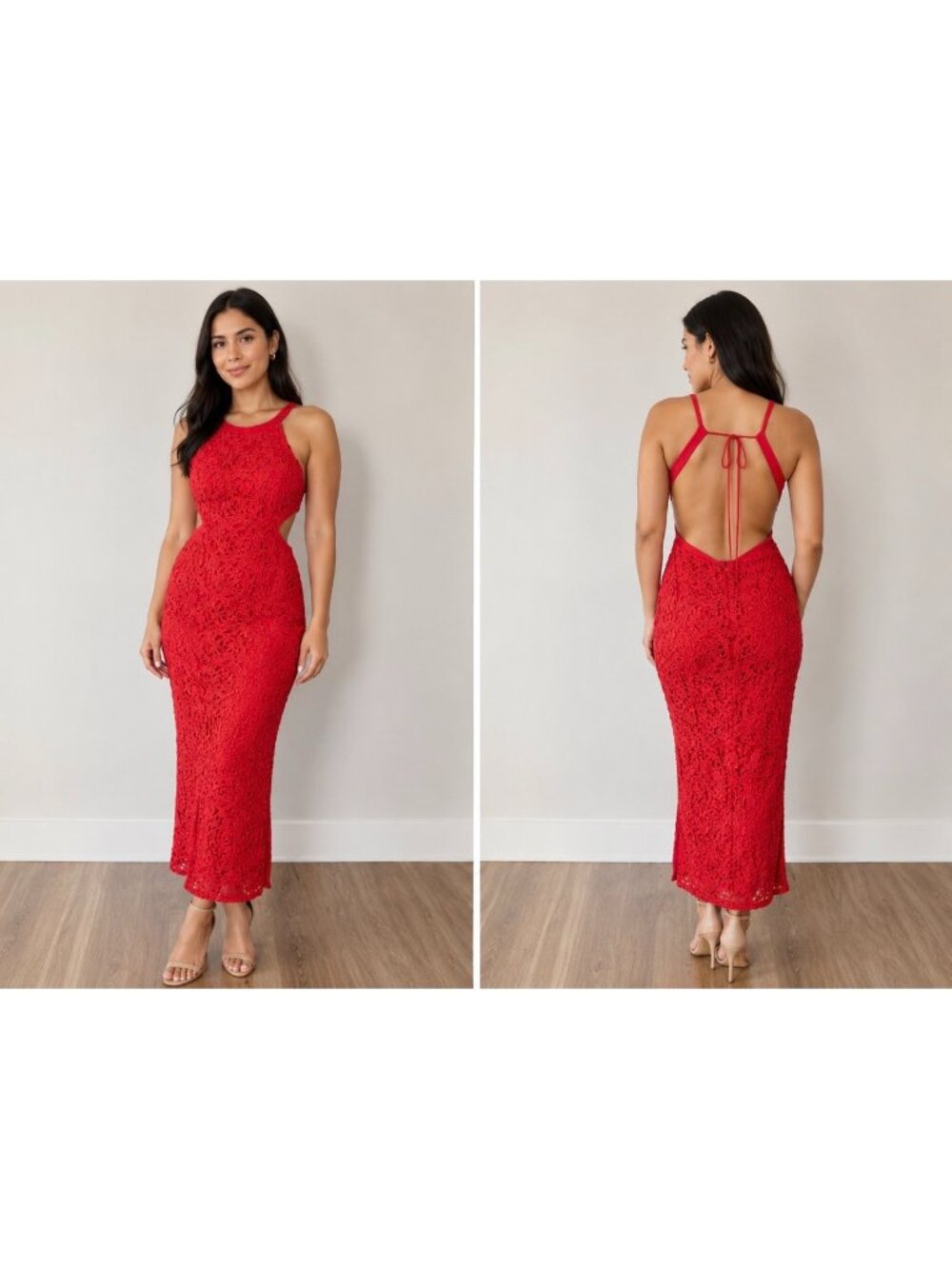 Aidan Matrix Womens Red Lace Midi Dress Open Back Halter Neckline US 4